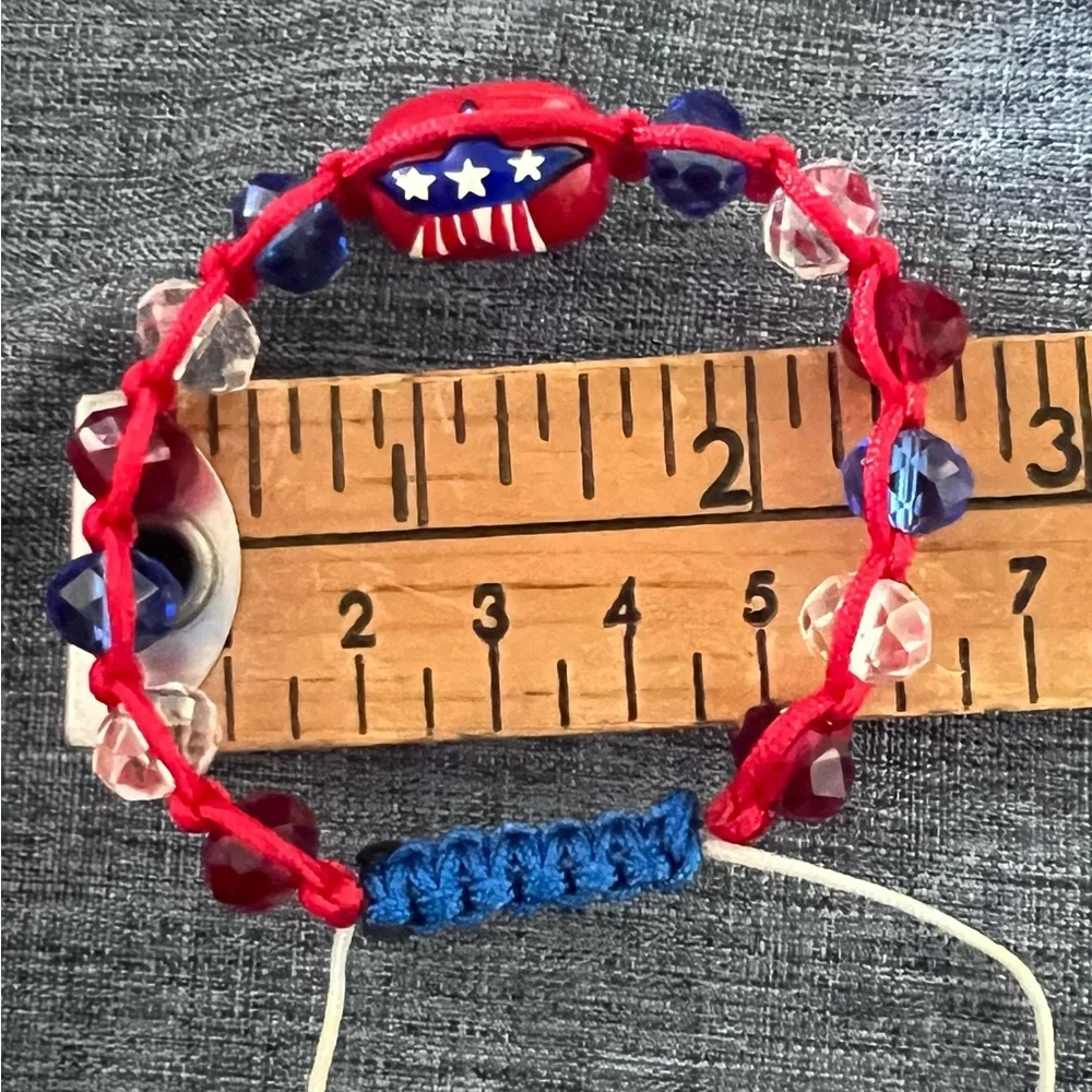 Hand Crafted Patriotic Bracelet Red, White, Blue Beads & Cord New